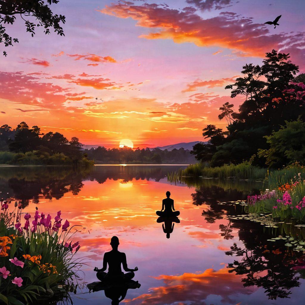 A serene landscape featuring a vibrant sunrise over a calm lake, with a silhouette of a person meditating at the water's edge, surrounded by lush greenery and blooming flowers. The sky is painted with warm hues of orange and pink, symbolizing hope and joy. Elements of nature, such as birds singing and butterflies fluttering, enhance the feeling of bliss and tranquility. super-realistic. vibrant colors. peaceful ambiance.