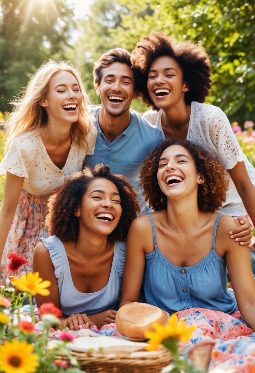 A joyful scene depicting a diverse group of friends laughing and enjoying life outdoors, surrounded by vibrant flowers and sunshine. Include elements of daily happiness like a picnic, reading books, and nature walks. Capture the essence of freedom and satisfaction in their expressions. super-realistic. vibrant colors. soft focus.