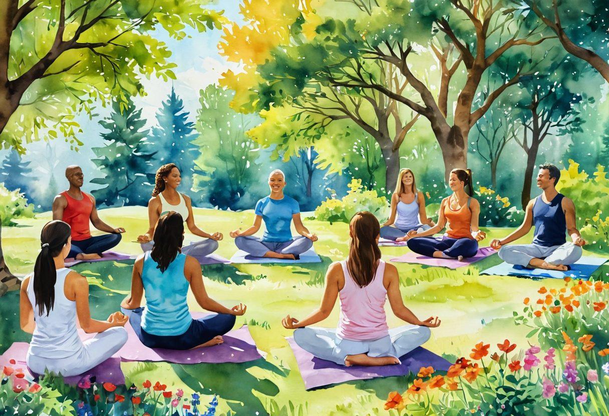 A bright and sunny scene depicting a diverse group of people enjoying nature, laughing and sharing joyful moments in a park filled with colorful flowers and trees. Incorporate elements of mindfulness such as yoga or meditation sessions, and include uplifting quotes inscribed on stones scattered around. The atmosphere should be vibrant and full of life, symbolizing happiness without material costs. watercolor painting. vibrant colors. natural light.